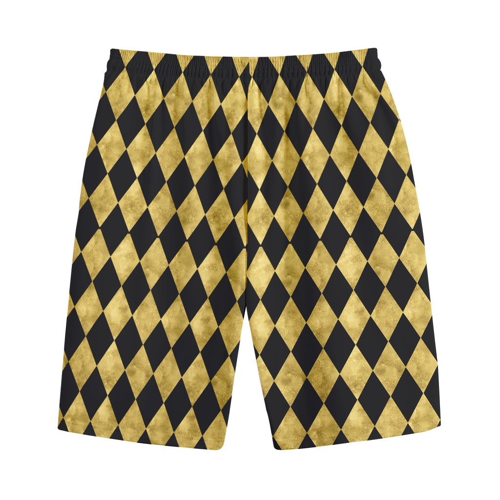 Black And Gold Harlequin Pattern Print Cotton Shorts
