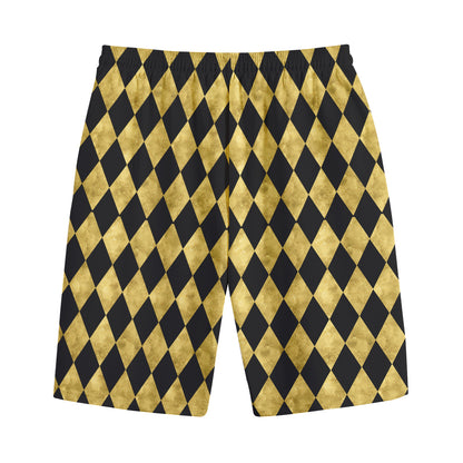 Black And Gold Harlequin Pattern Print Cotton Shorts