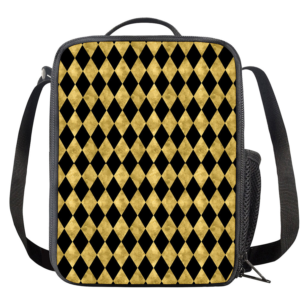 Black And Gold Harlequin Pattern Print Crossbody Lunch Bag