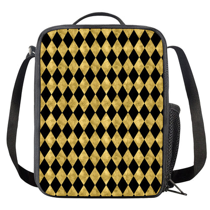 Black And Gold Harlequin Pattern Print Crossbody Lunch Bag