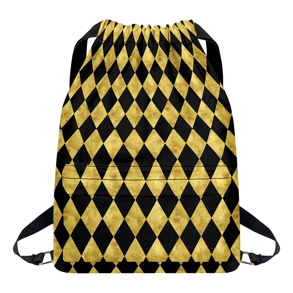 Black And Gold Harlequin Pattern Print Drawstring Backpack