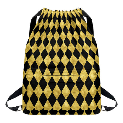 Black And Gold Harlequin Pattern Print Drawstring Backpack
