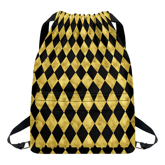 Black And Gold Harlequin Pattern Print Drawstring Backpack