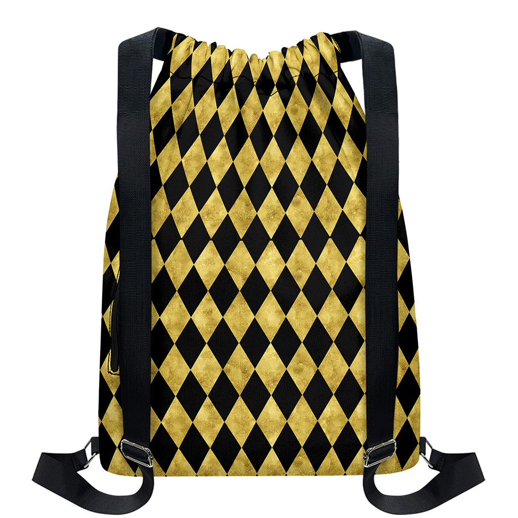 Black And Gold Harlequin Pattern Print Drawstring Backpack