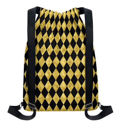 Black And Gold Harlequin Pattern Print Drawstring Backpack