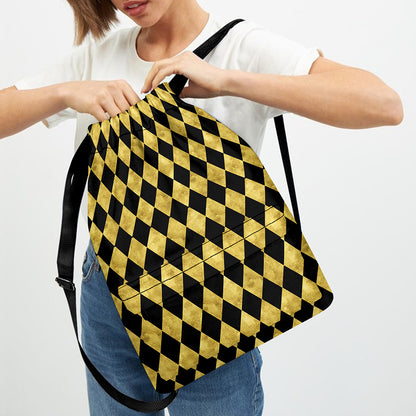 Black And Gold Harlequin Pattern Print Drawstring Backpack