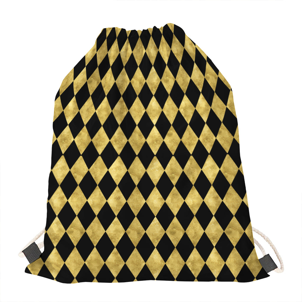 Black And Gold Harlequin Pattern Print Drawstring Bag