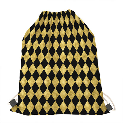Black And Gold Harlequin Pattern Print Drawstring Bag