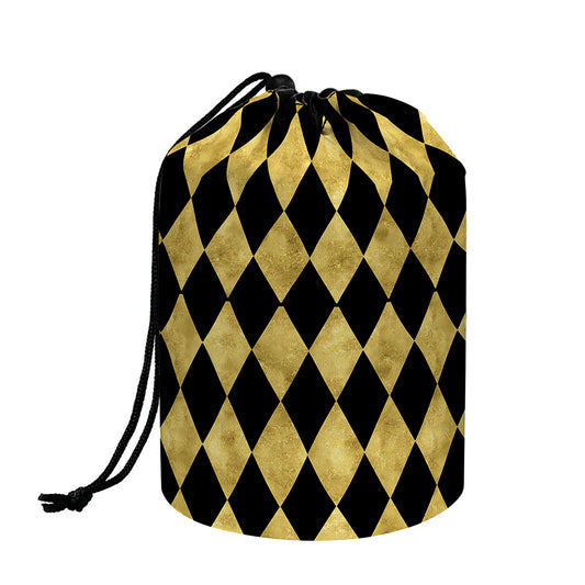 Black And Gold Harlequin Pattern Print Drawstring Makeup Bag
