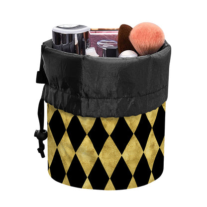 Black And Gold Harlequin Pattern Print Drawstring Makeup Bag