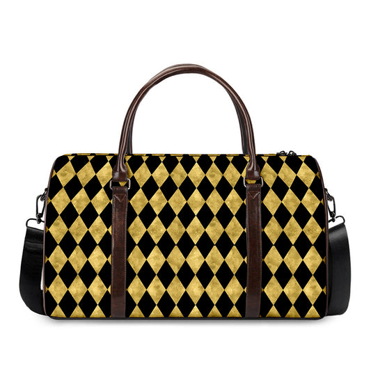 Black And Gold Harlequin Pattern Print Duffle Bag