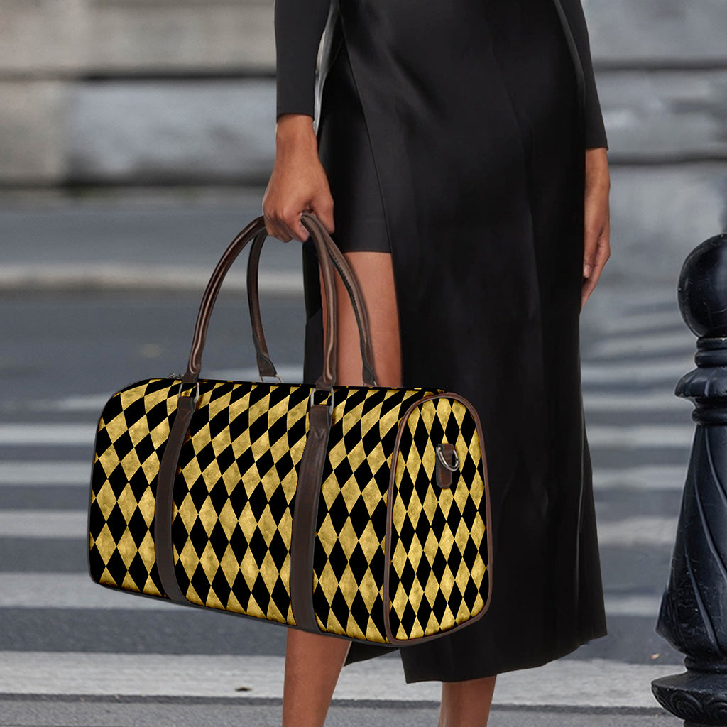 Black And Gold Harlequin Pattern Print Duffle Bag