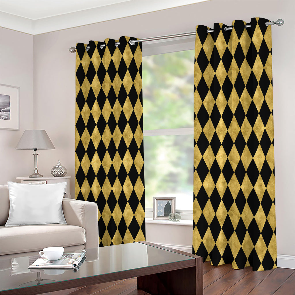 Black And Gold Harlequin Pattern Print Extra Wide Grommet Curtains