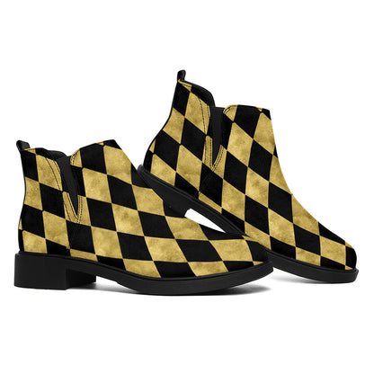 Black And Gold Harlequin Pattern Print Flat Ankle Boots