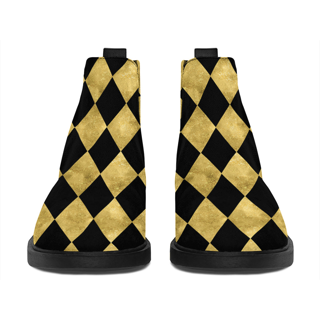 Black And Gold Harlequin Pattern Print Flat Ankle Boots