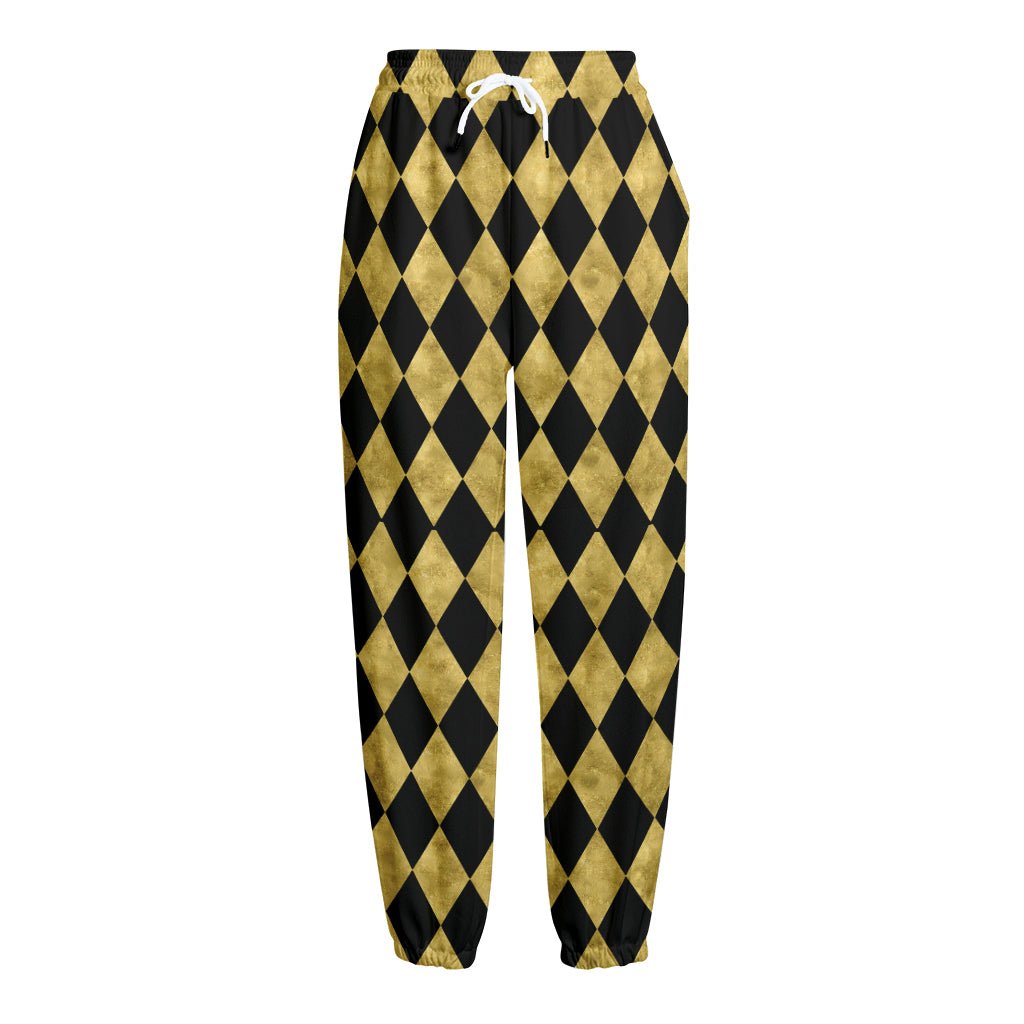 Black And Gold Harlequin Pattern Print Fleece Lined Knit Pants