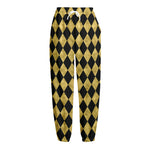 Black And Gold Harlequin Pattern Print Fleece Lined Knit Pants