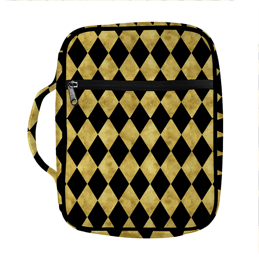 Black And Gold Harlequin Pattern Print Front Pocket Bible Bag