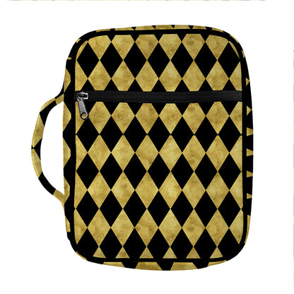 Black And Gold Harlequin Pattern Print Front Pocket Bible Bag