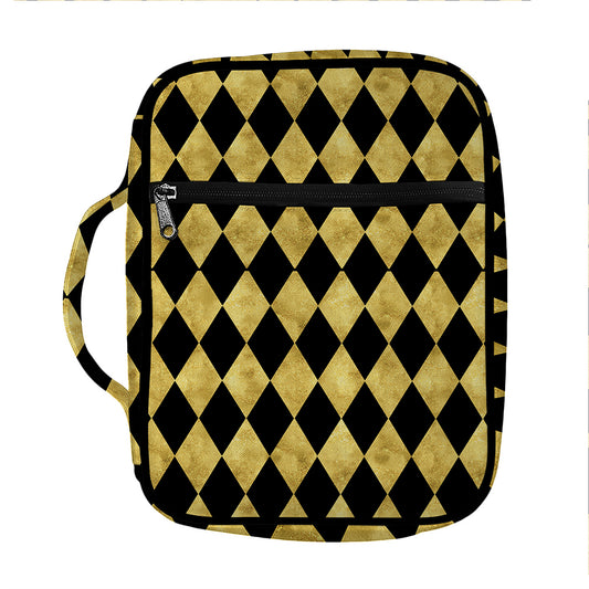Black And Gold Harlequin Pattern Print Front Pocket Bible Bag