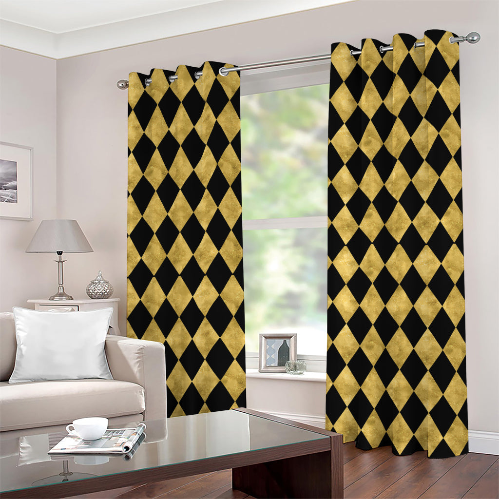 Black And Gold Harlequin Pattern Print Grommet Curtains