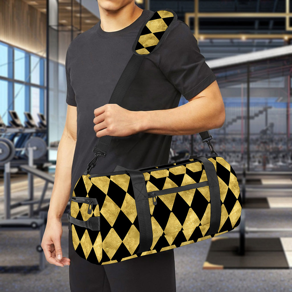 Black And Gold Harlequin Pattern Print Gym Bag