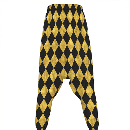 Black And Gold Harlequin Pattern Print Hammer Pants