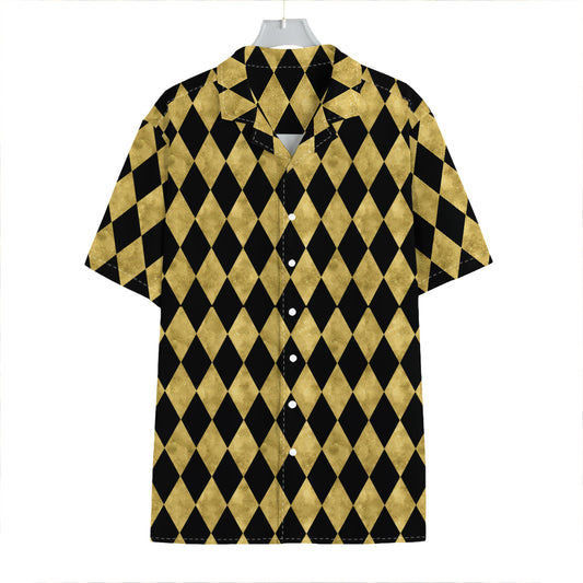Black And Gold Harlequin Pattern Print Hawaiian Shirt