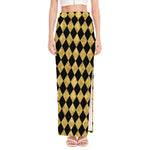 Black And Gold Harlequin Pattern Print High Slit Maxi Skirt
