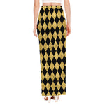Black And Gold Harlequin Pattern Print High Slit Maxi Skirt