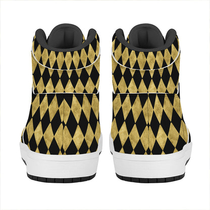 Black And Gold Harlequin Pattern Print High Top Leather Sneakers