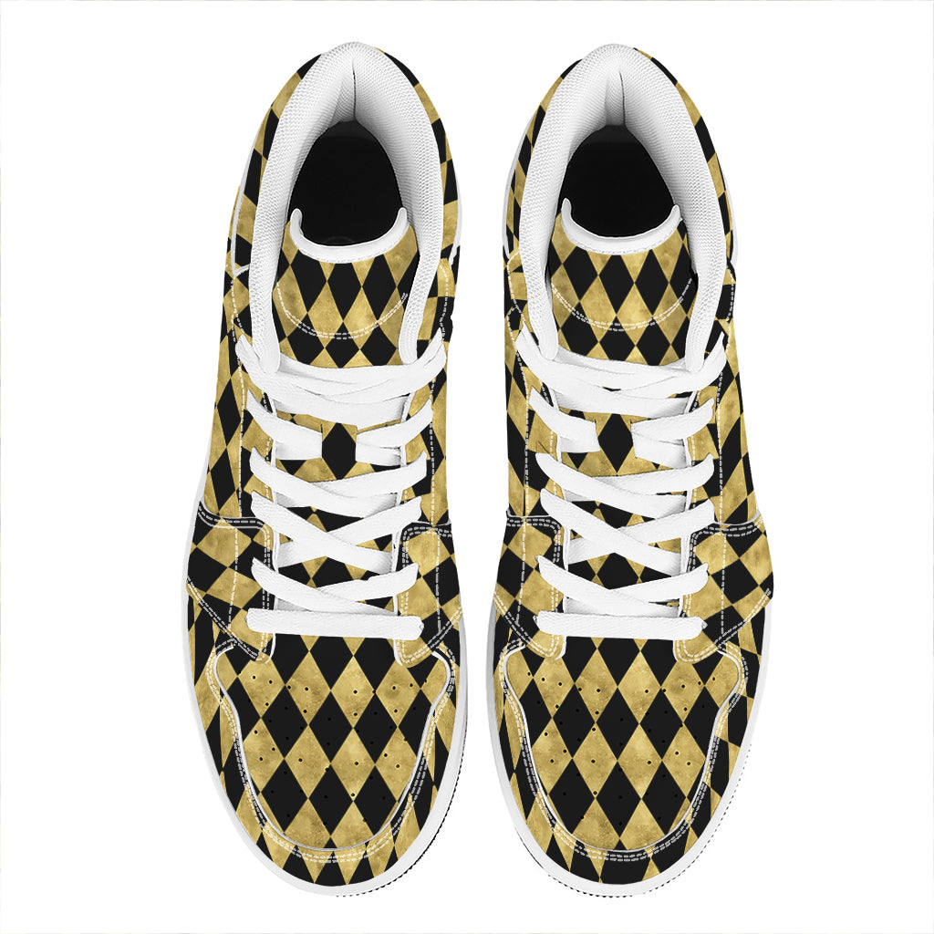 Black And Gold Harlequin Pattern Print High Top Leather Sneakers
