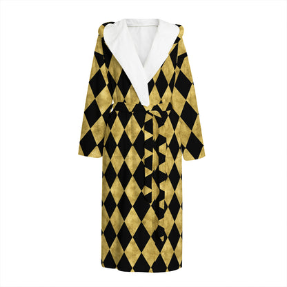 Black And Gold Harlequin Pattern Print Hooded Bathrobe