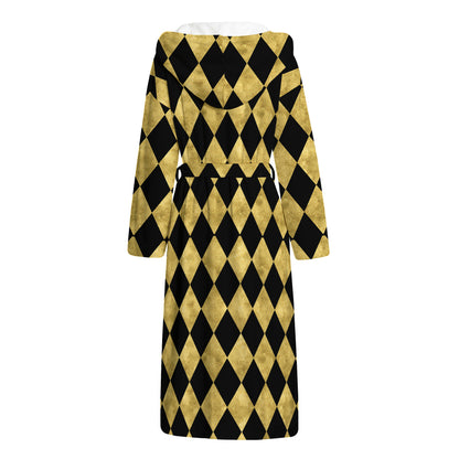 Black And Gold Harlequin Pattern Print Hooded Bathrobe