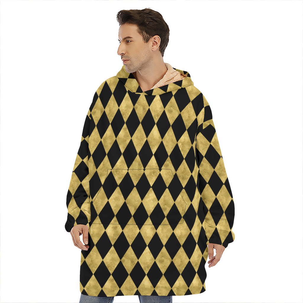Black And Gold Harlequin Pattern Print Hoodie Blanket