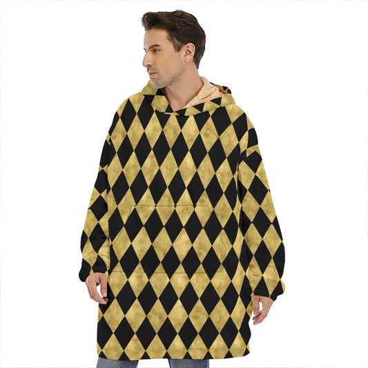 Black And Gold Harlequin Pattern Print Hoodie Blanket