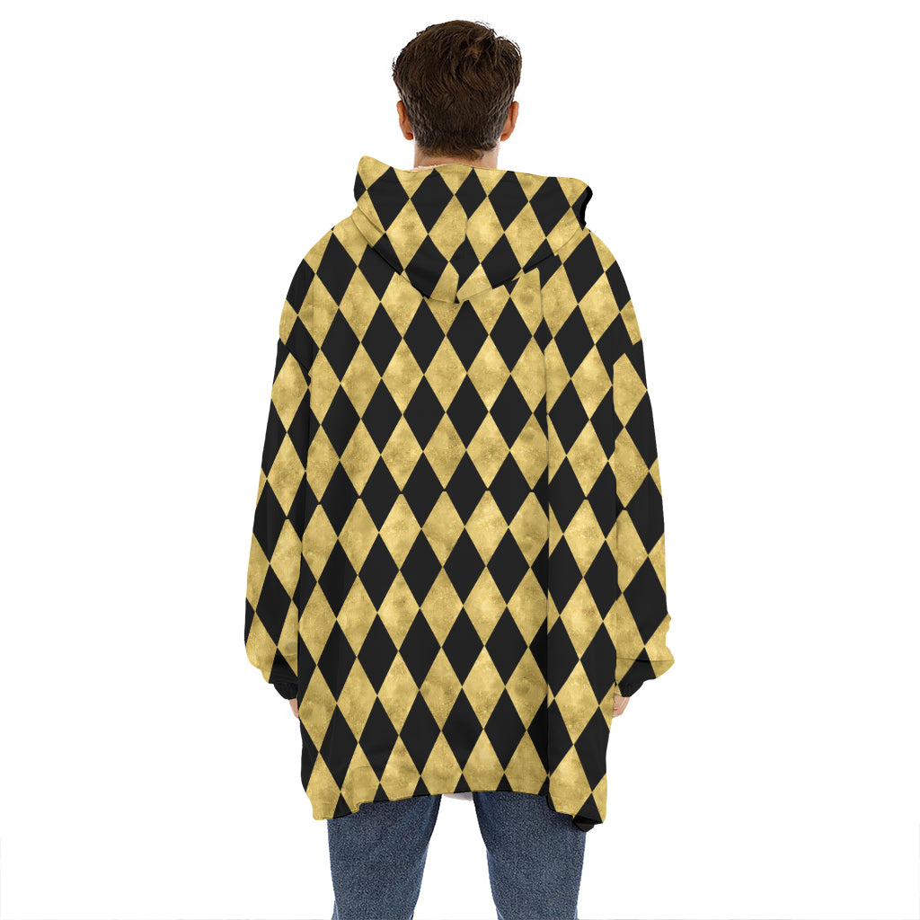 Black And Gold Harlequin Pattern Print Hoodie Blanket