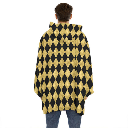 Black And Gold Harlequin Pattern Print Hoodie Blanket