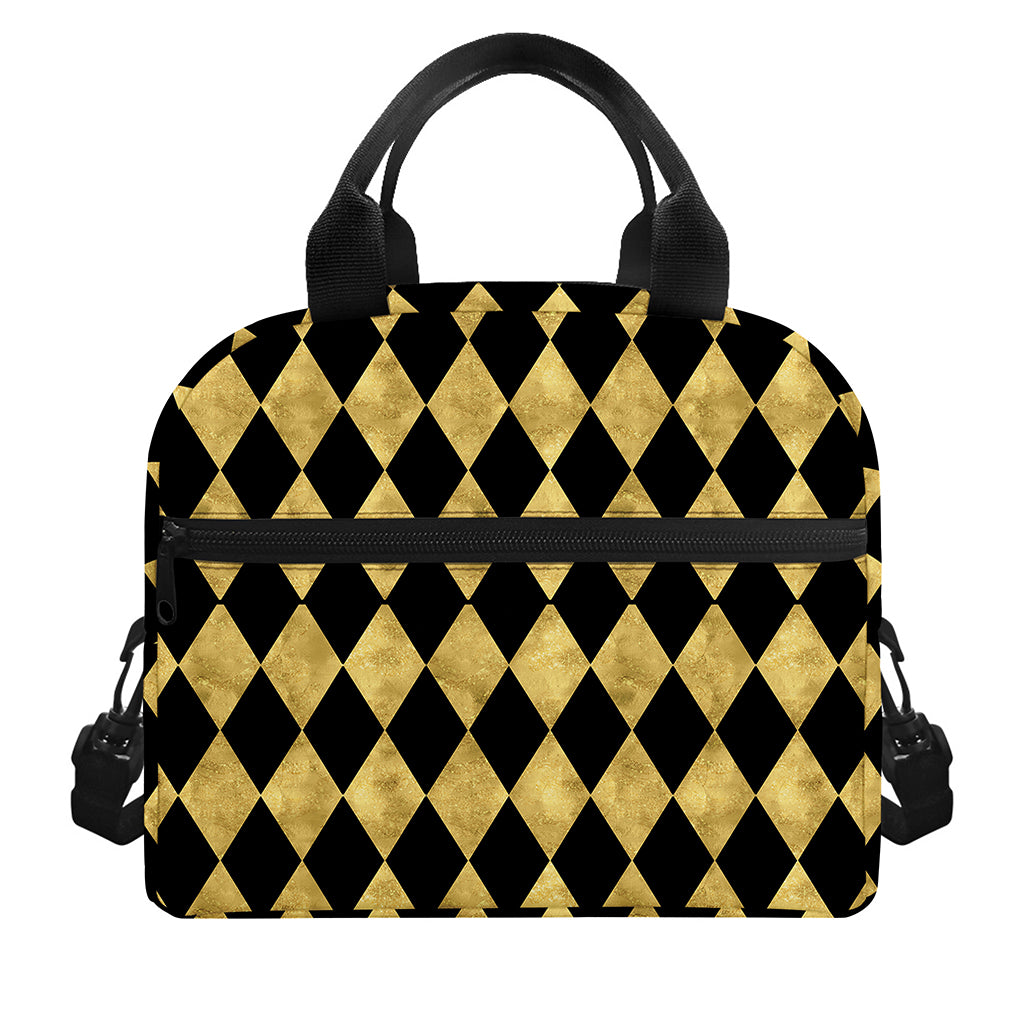 Black And Gold Harlequin Pattern Print Insulated Lunch Bag