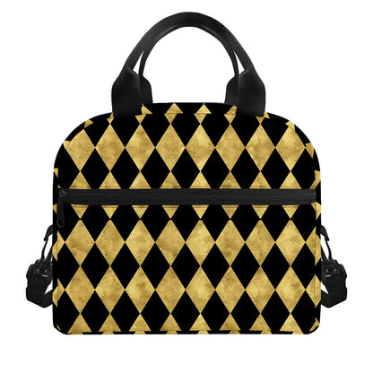 Black And Gold Harlequin Pattern Print Insulated Lunch Bag