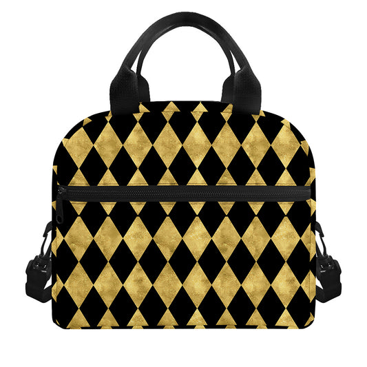 Black And Gold Harlequin Pattern Print Insulated Lunch Bag