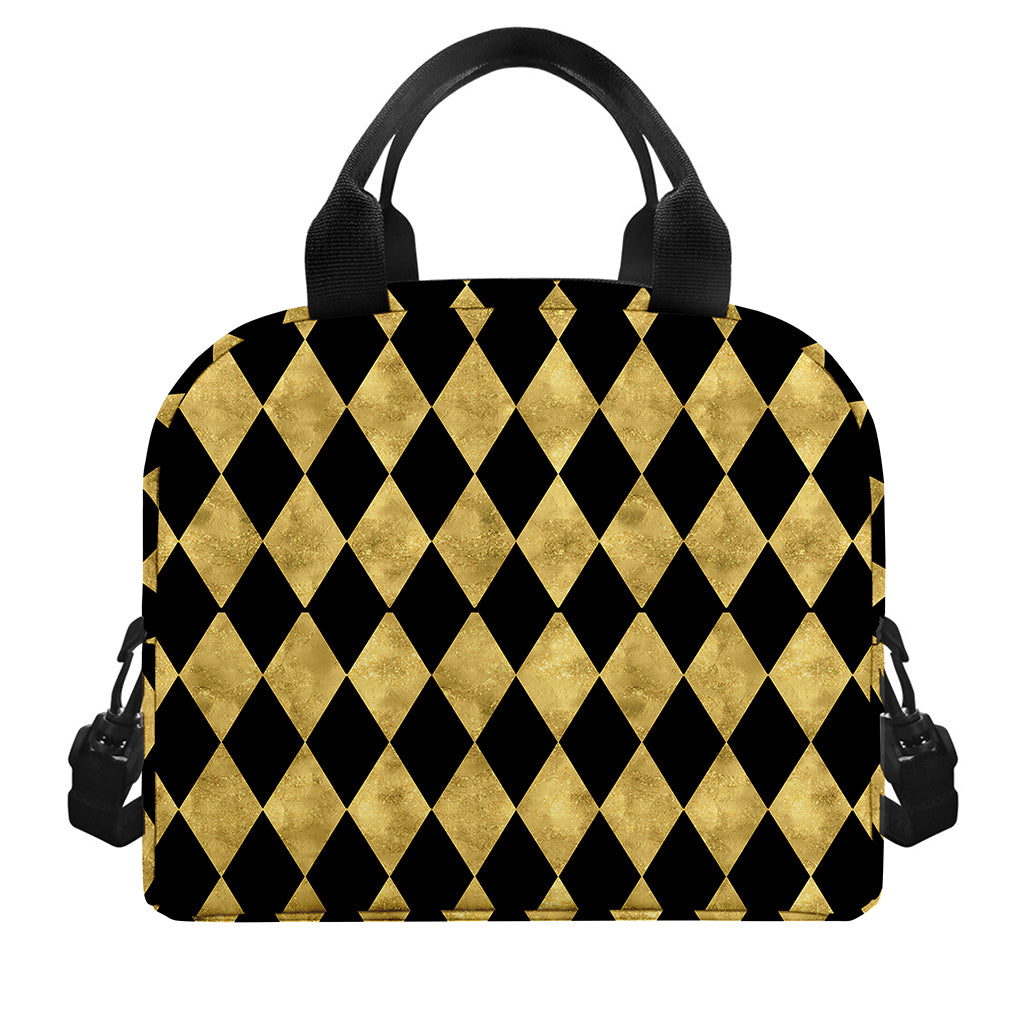 Black And Gold Harlequin Pattern Print Insulated Lunch Bag