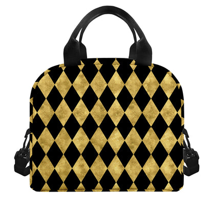 Black And Gold Harlequin Pattern Print Insulated Lunch Bag
