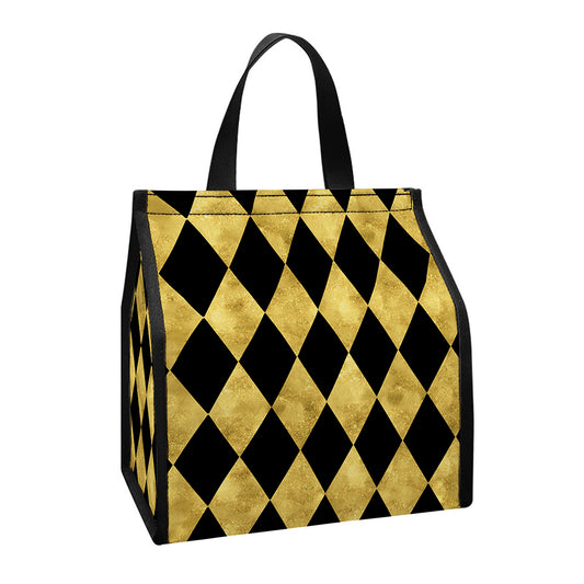 Black And Gold Harlequin Pattern Print Insulated Lunch Tote