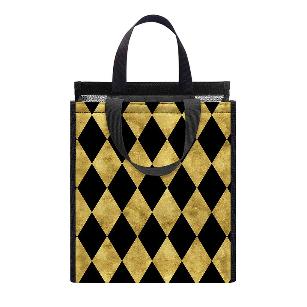 Black And Gold Harlequin Pattern Print Insulated Lunch Tote