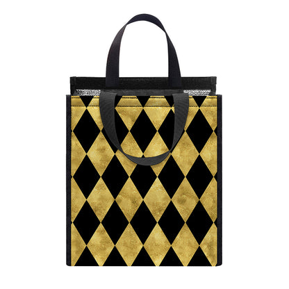 Black And Gold Harlequin Pattern Print Insulated Lunch Tote