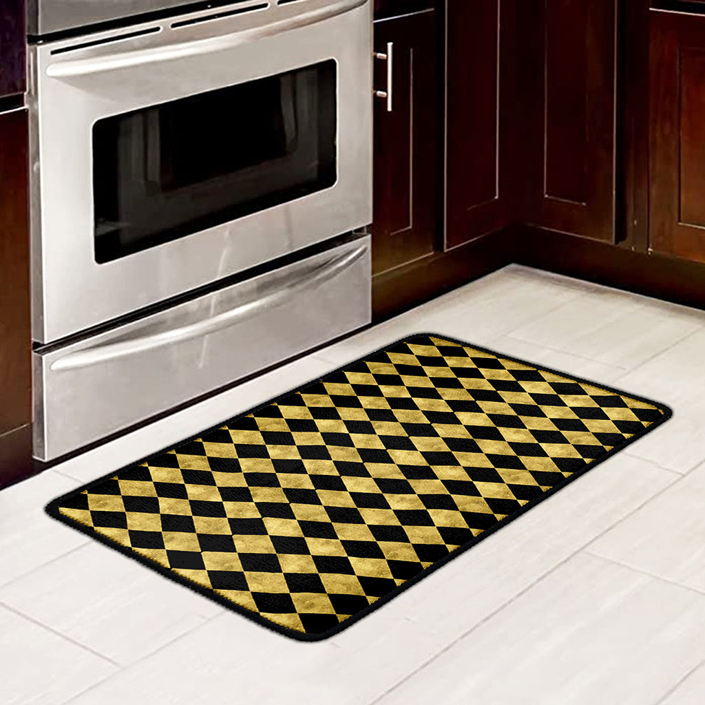 Black And Gold Harlequin Pattern Print Kitchen Mat