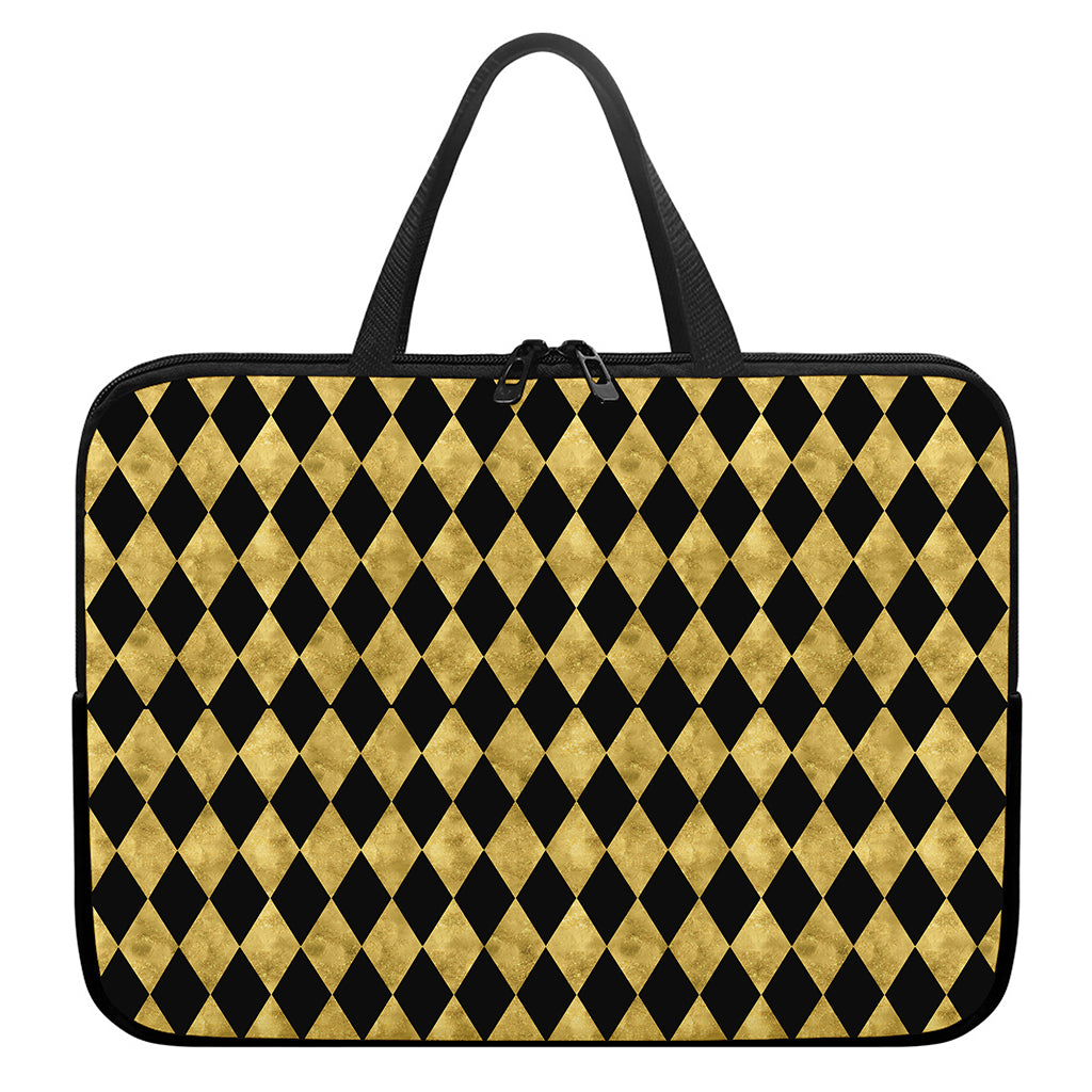 Black And Gold Harlequin Pattern Print Laptop Sleeve With Handle