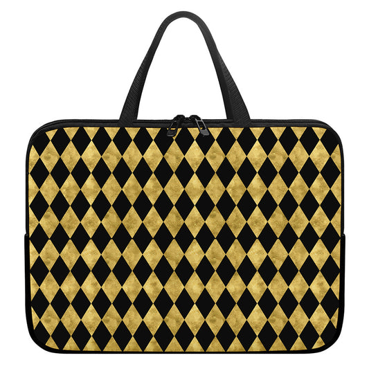 Black And Gold Harlequin Pattern Print Laptop Sleeve With Handle