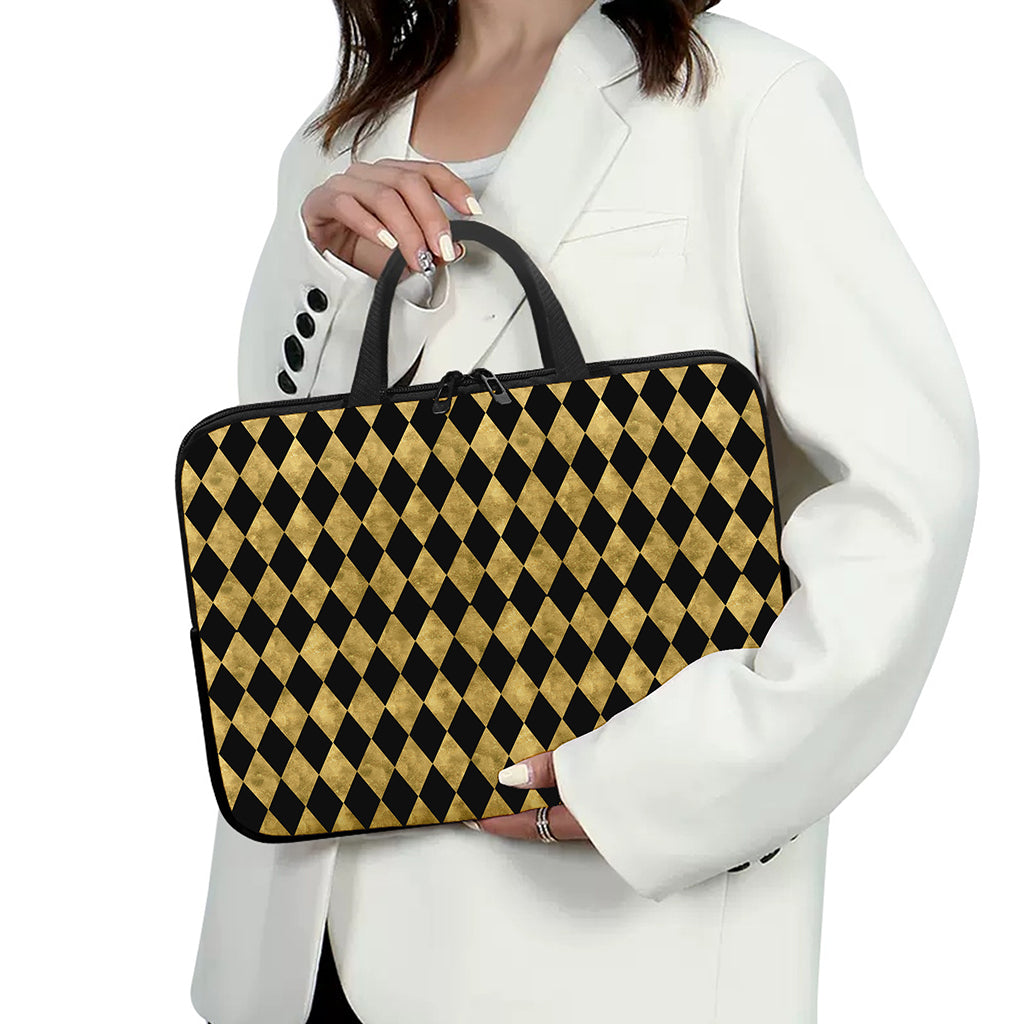 Black And Gold Harlequin Pattern Print Laptop Sleeve With Handle